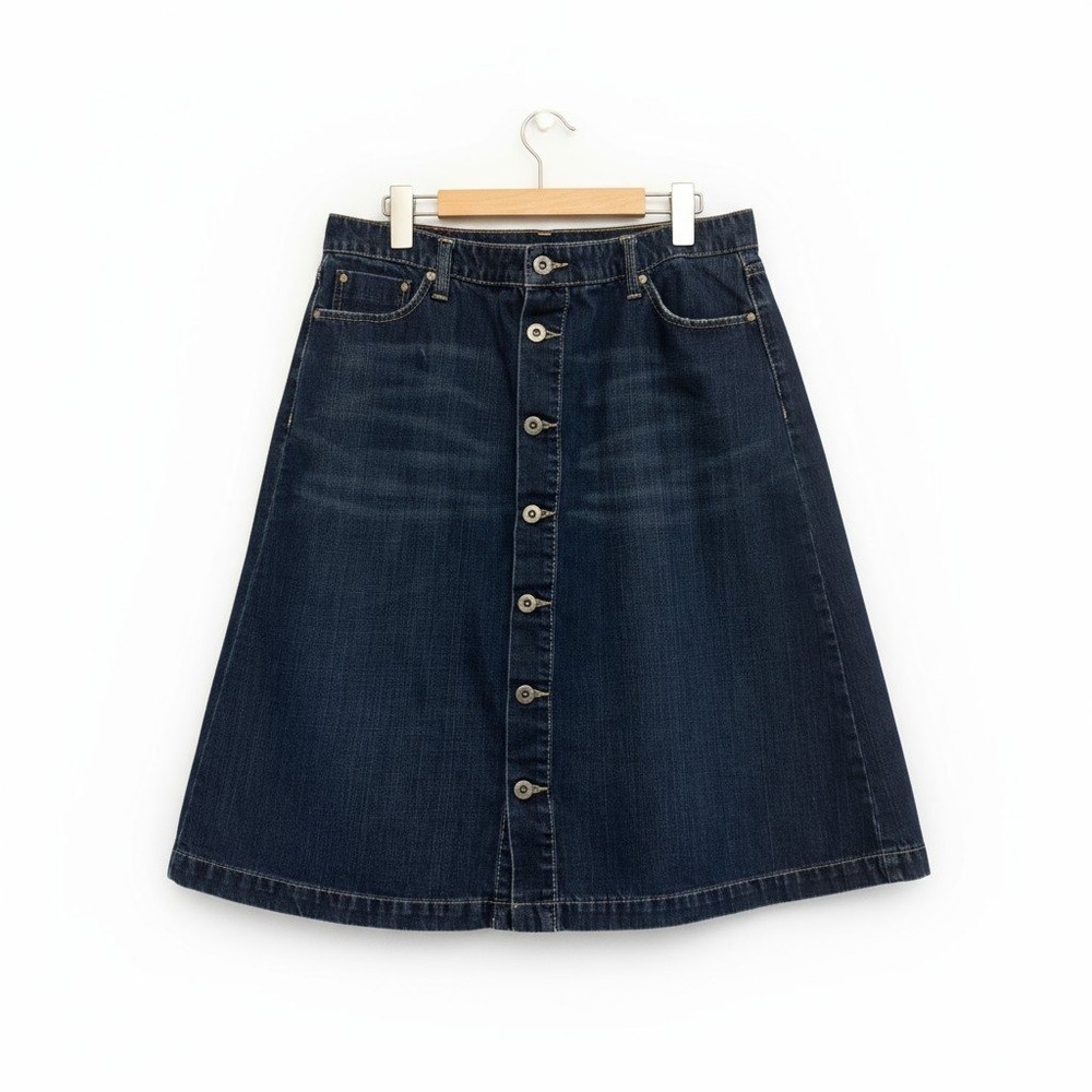 Tommy Hilfiger Denim Skirt Button Front Dark Wash A Line Embroidered Pockets 14